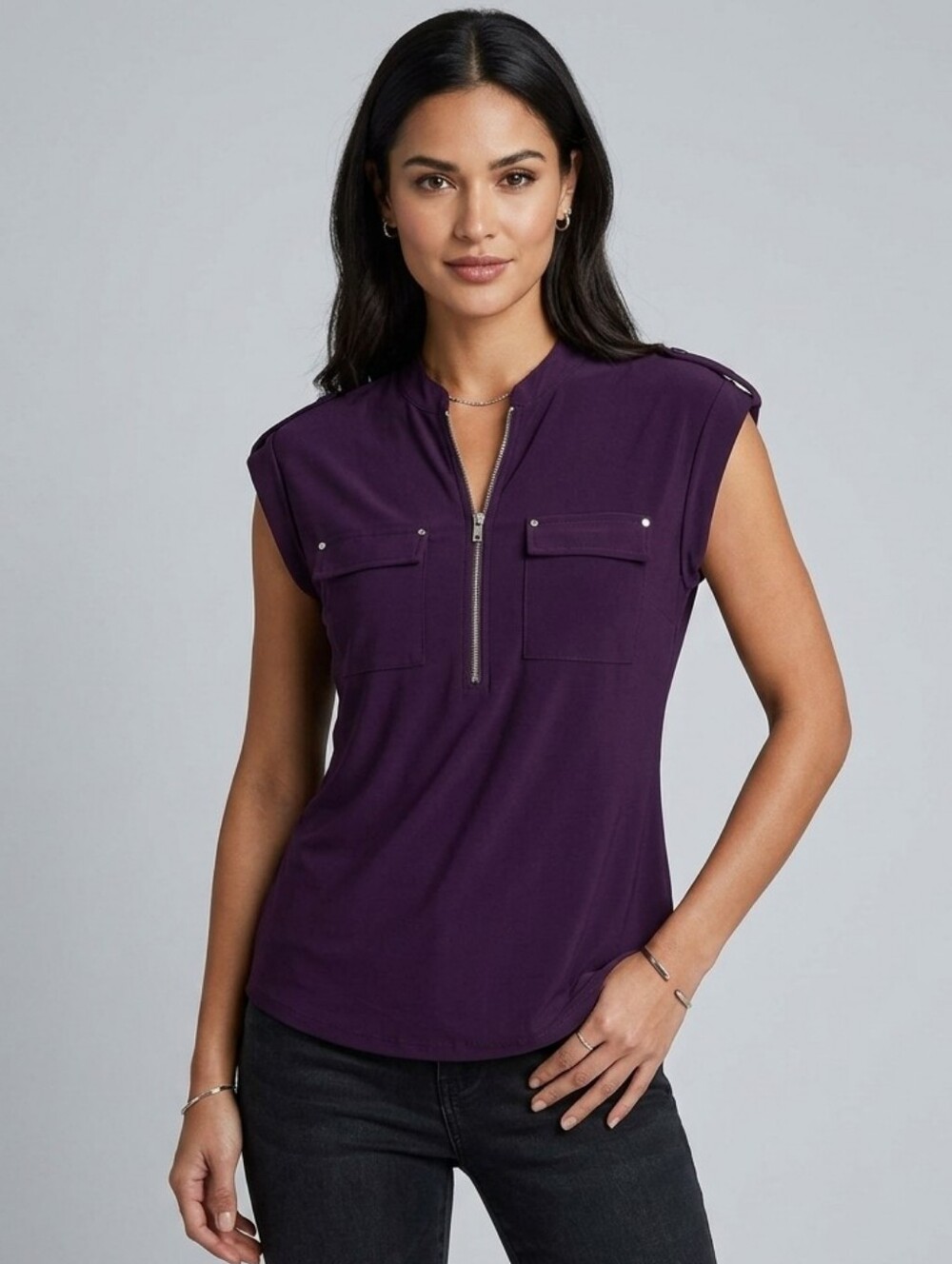 Short Sleeve Blouse Purple Zip Front Top The Workshop Medium